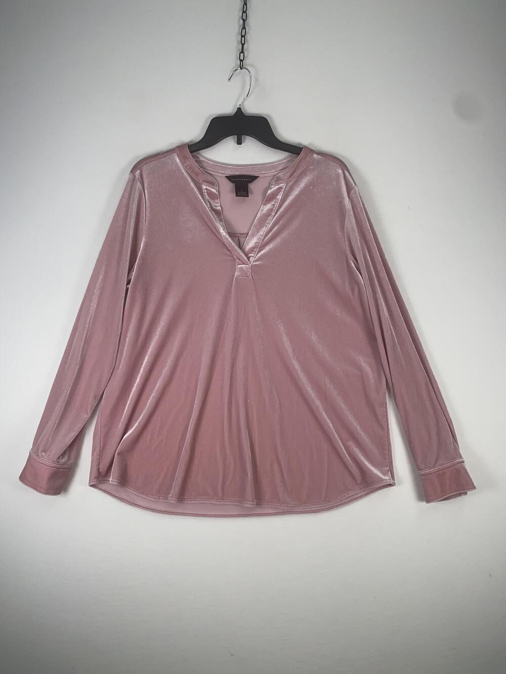 Investments Blouse Womens Large Pink Velour V Neck Long Sleeve Pullover Top
